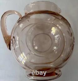 Dunbar Flint Glass Co. # 1151 Pink Depression Engraved Flower Water Pitcher Jug