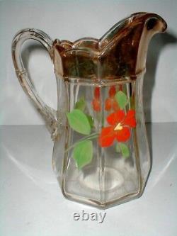 EAPG US Glass 15145 COLONIS Colonial Panel Hand Painted Floral Water Pitcher Jug