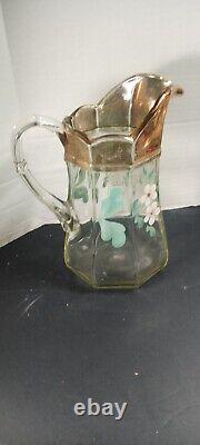 EAPG US Glass COLONIS Dec 1 Colonial Panel Hand Painted Floral Water Pitcher Jug