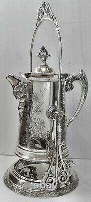 EXQUISITE! Atq Slv Plated ORNATE TILT WATER PITCHER STAND withCUP HOLDER DRIP PAN