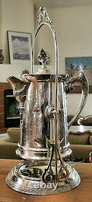 EXQUISITE! Atq Slv Plated ORNATE TILT WATER PITCHER STAND withCUP HOLDER DRIP PAN