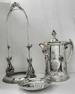 EXQUISITE! Atq Slv Plated ORNATE TILT WATER PITCHER STAND withCUP HOLDER DRIP PAN