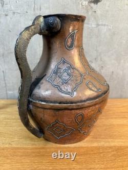 Early 20th Century Persian Style Copper Water Jug With Silver Overlay