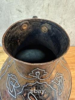 Early 20th Century Persian Style Copper Water Jug With Silver Overlay