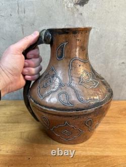 Early 20th Century Persian Style Copper Water Jug With Silver Overlay