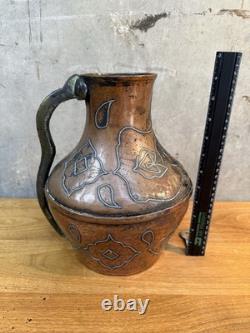 Early 20th Century Persian Style Copper Water Jug With Silver Overlay