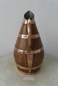FRENCH WINE PITCHER JUG Oak Water BarreL Copper Bands Rivets Handle France 1930s