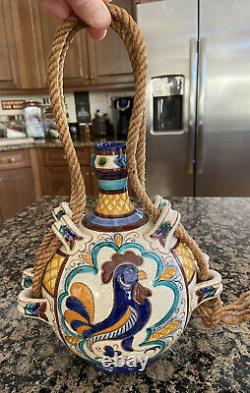 Faenza Rooster Jug Pitcher Decanter Italian Pottery Oil Water Wine Rope 9 Vtg