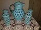 Fenton Blue Opalescent Coin Dot 5 Piece Water Set With Large Ice Lip Jug Pitcher
