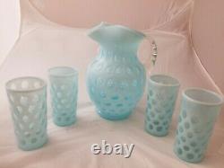 Fenton Blue Opalescent Coin Dot 5 Piece Water Set with Large Ice Lip Jug Pitcher