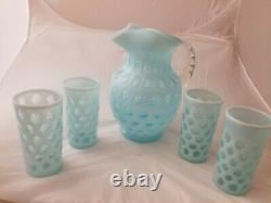 Fenton Blue Opalescent Coin Dot 5 Piece Water Set with Large Ice Lip Jug Pitcher