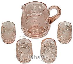 Fenton Diamond Optic Pink #1634 Wheel Cut Water Pitcher / Jug and 4 Tumblers