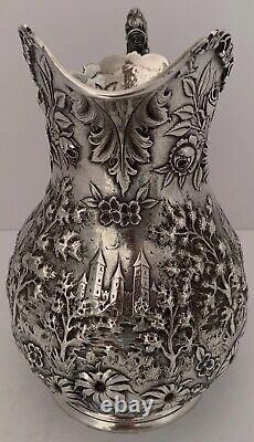 Fine Landscape Castle Chased Architectural Repousse Sterling Water Pitcher