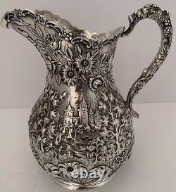 Fine Landscape Castle Chased Architectural Repousse Sterling Water Pitcher