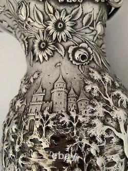 Fine Landscape Castle Chased Architectural Repousse Sterling Water Pitcher