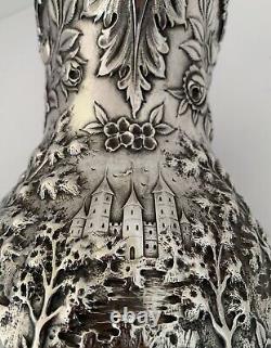 Fine Landscape Castle Chased Architectural Repousse Sterling Water Pitcher