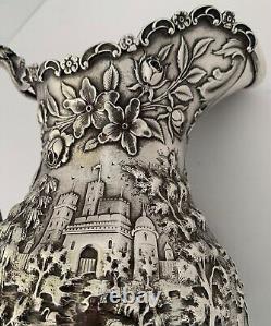 Fine Landscape Castle Chased Architectural Repousse Sterling Water Pitcher