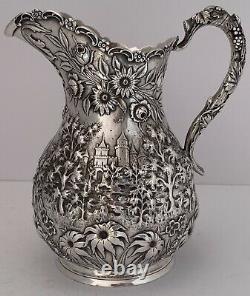 Fine Landscape Castle Chased Architectural Repousse Sterling Water Pitcher