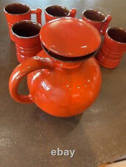 Frankoma Vase Mid Century Pottery Flame Red Water Pitcher Jug Lid Vintage 6 Mugs