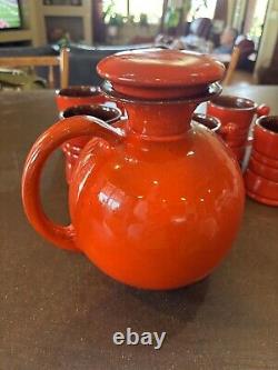 Frankoma Vase Mid Century Pottery Flame Red Water Pitcher Jug Lid Vintage 6 Mugs