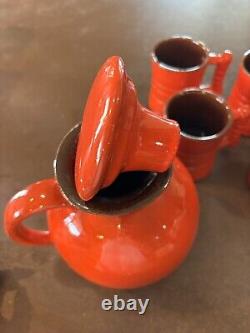 Frankoma Vase Mid Century Pottery Flame Red Water Pitcher Jug Lid Vintage 6 Mugs