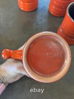 Frankoma Vase Mid Century Pottery Flame Red Water Pitcher Jug Lid Vintage 6 Mugs