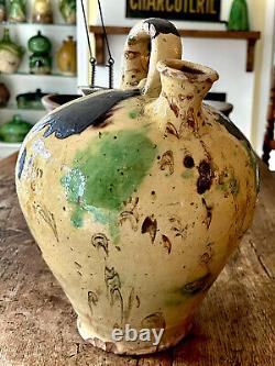 French Antique Confit Pottery Earthenware Ceramic Jug Glazed Gargoulette Cruche