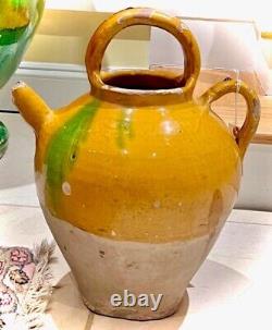 French Antique Terra Cotta Confit Jug Art Pottery Faience Pitcher Vessel Cruche