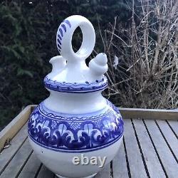 French Gargoulette Faïence Pottery Olive Oil Water Jug Jar Pitcher Blue White