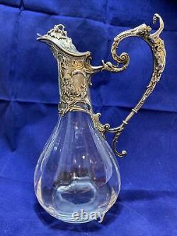 French WATER CARAFE CRISTALLERIE Lorraine Crystal Claret Silver Plated Jug VG