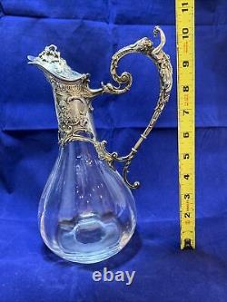 French WATER CARAFE CRISTALLERIE Lorraine Crystal Claret Silver Plated Jug VG