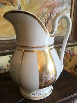 French White Paris Porcelain Water Jug Pitcher Gold Gilt Early 1900s