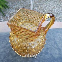 GORGEOUS Handblown Glass Hobnail Pitcher Antique Amber Glass Water Jug square 9