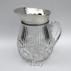 Gorham Cut Glass Water Pitcher Beaded Rim Sterling Silver 1897 Mono