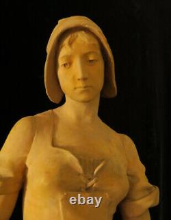 HUGE Sculpture Terracotta Antique Figurine girl water jug French Guillot 19C