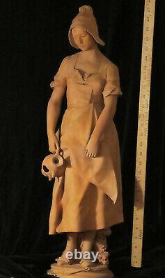 HUGE Sculpture Terracotta Antique Figurine girl water jug French Guillot 19C