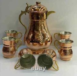 Hammered Copper Beverage Serving Jug with Lid and Brass Handle Water Pitcher