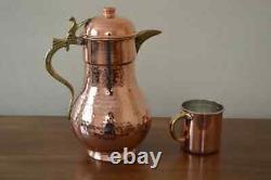 Hammered Copper Beverage Serving Jug with Lid and Brass Handle Water Pitcher