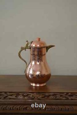 Hammered Copper Beverage Serving Jug with Lid and Brass Handle Water Pitcher