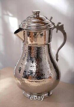 Hammered Copper Beverage Serving Jug with Lid and Brass Handle Water Pitcher