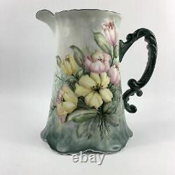 Hand Painted Wildflowers Tankard Pitcher Vintage Green Pink Yellow Signed