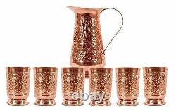 Handmade Designer Serving Water Pure Copper 1 Jug 1300 ML with 6 Glass 350 ML