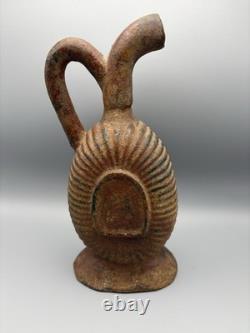 Heavy Terracotta Water Jug With Handle Pitcher Rustic Worn Décor Brown 10.5in