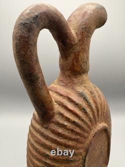 Heavy Terracotta Water Jug With Handle Pitcher Rustic Worn Décor Brown 10.5in