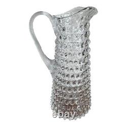 Hobnail Glass Water Pitcher Clear Tall Jug Pitcher Vertical Lined Applied Handle