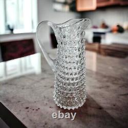 Hobnail Glass Water Pitcher Clear Tall Jug Pitcher Vertical Lined Applied Handle