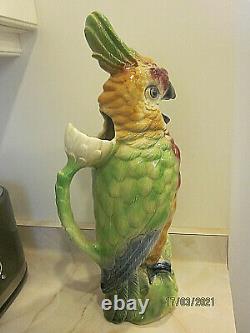 Impressive 18 Antique French Majolica pottery Parrot Bird water jug pitcher