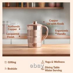 Indian Copper Water Jug 57oz Luxury Tableware Pitcher with Lid & Handle Gift