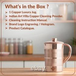 Indian Copper Water Jug 57oz Luxury Tableware Pitcher with Lid & Handle Gift