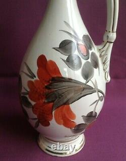 Jug Faience High Neck Painted Flower Hand Pitcher Floral Ewer Water Pottery Tin